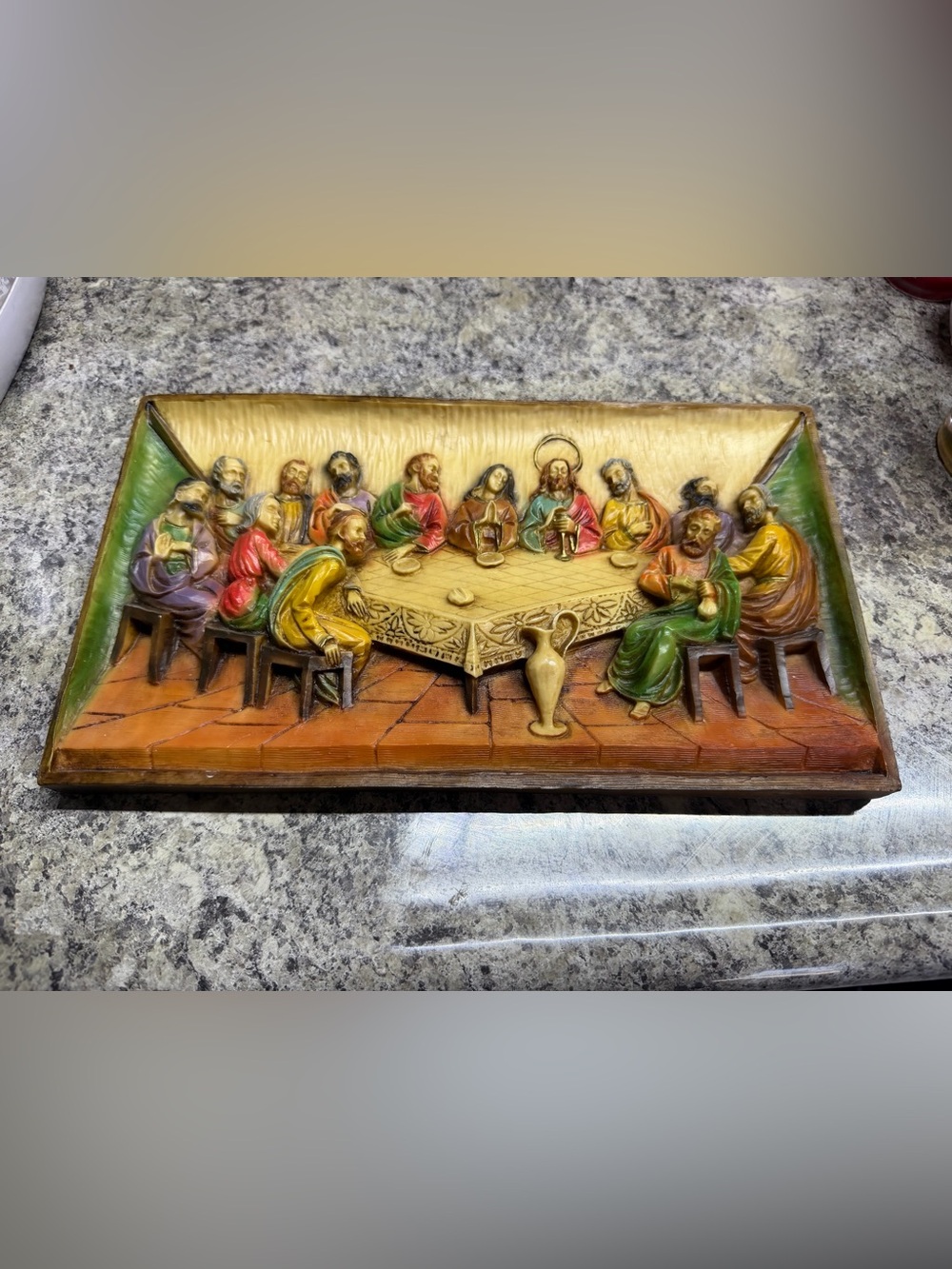 Vintage  3D bas-relief wall plaque depicting "The Last Supper" 12” x 7”